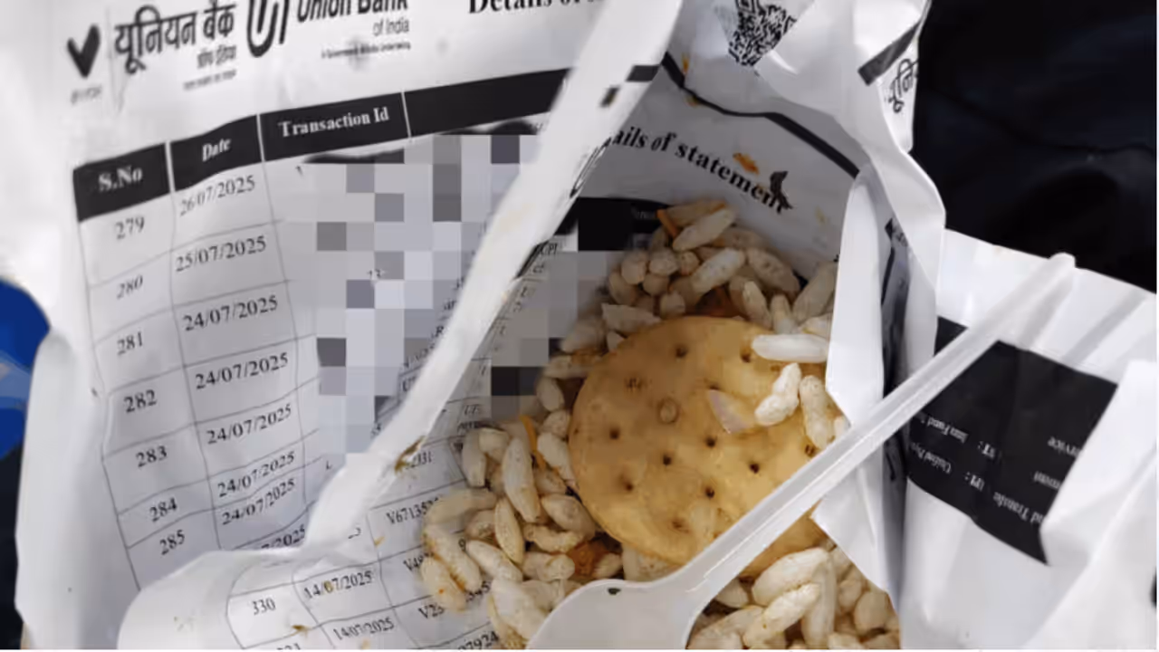 Bhel puri served in discarded bank statement Bhel puri served in discarded bank statement
