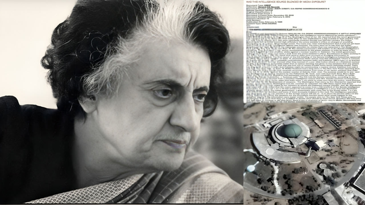 Collage of Indira Gandhi, CIA file, and Kahuta nuclear site
