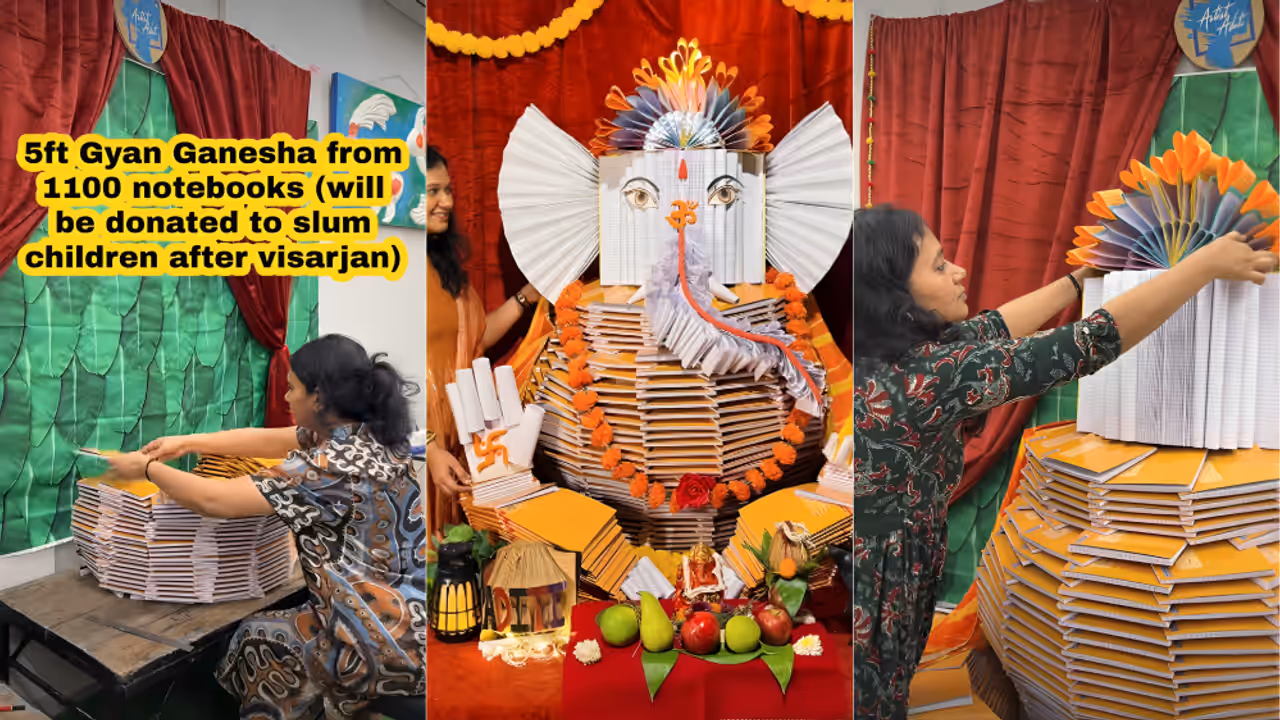 Artist Creates 5 Foot Gyan Ganesha Idol Using 1100 Notebooks Viral Ganesh Chaturthi Video Wins Hearts Artist Creates 5 Foot Gyan Ganesha Idol Using 1100 Notebooks Viral Ganesh Chaturthi Video Wins Hearts