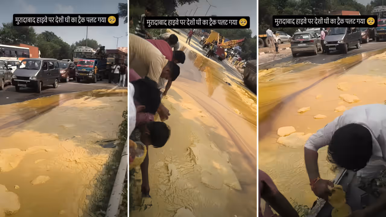 Moradabad Ghee Spill Video Locals Rush To Collect Ghee on Delhi Lucknow Highway After Tanker Crash Moradabad Ghee Spill Video Locals Rush To Collect Ghee on Delhi Lucknow Highway After Tanker Crash