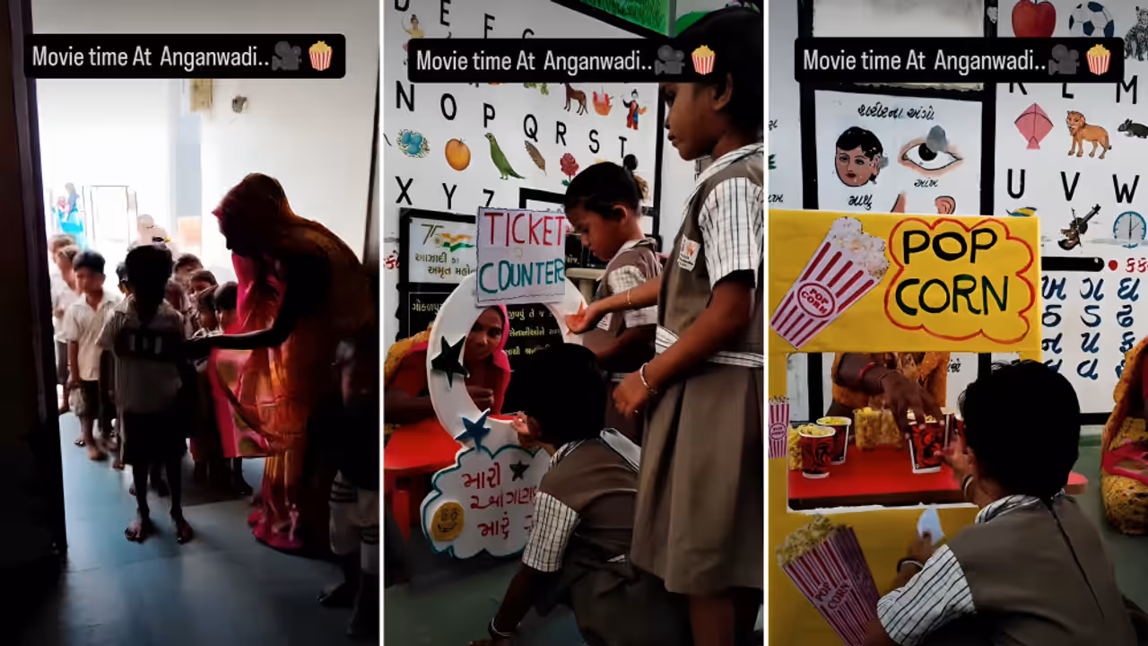Gujarat anganwadi viral video shows crafts paper metal detector popcorns tickets to give kids theatre experience Gujarat anganwadi viral video shows crafts paper metal detector popcorns tickets to give kids theatre experience