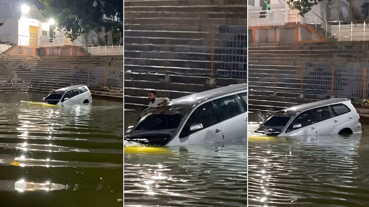 Viral Video of Car In Maheshwaram Temple Pond At Midnight in Telangana Hyderabad outskirts Driver Makes Narrow Escape Viral Video of Car In Maheshwaram Temple Pond At Midnight in Telangana Hyderabad outskirts Driver Makes Narrow Escape