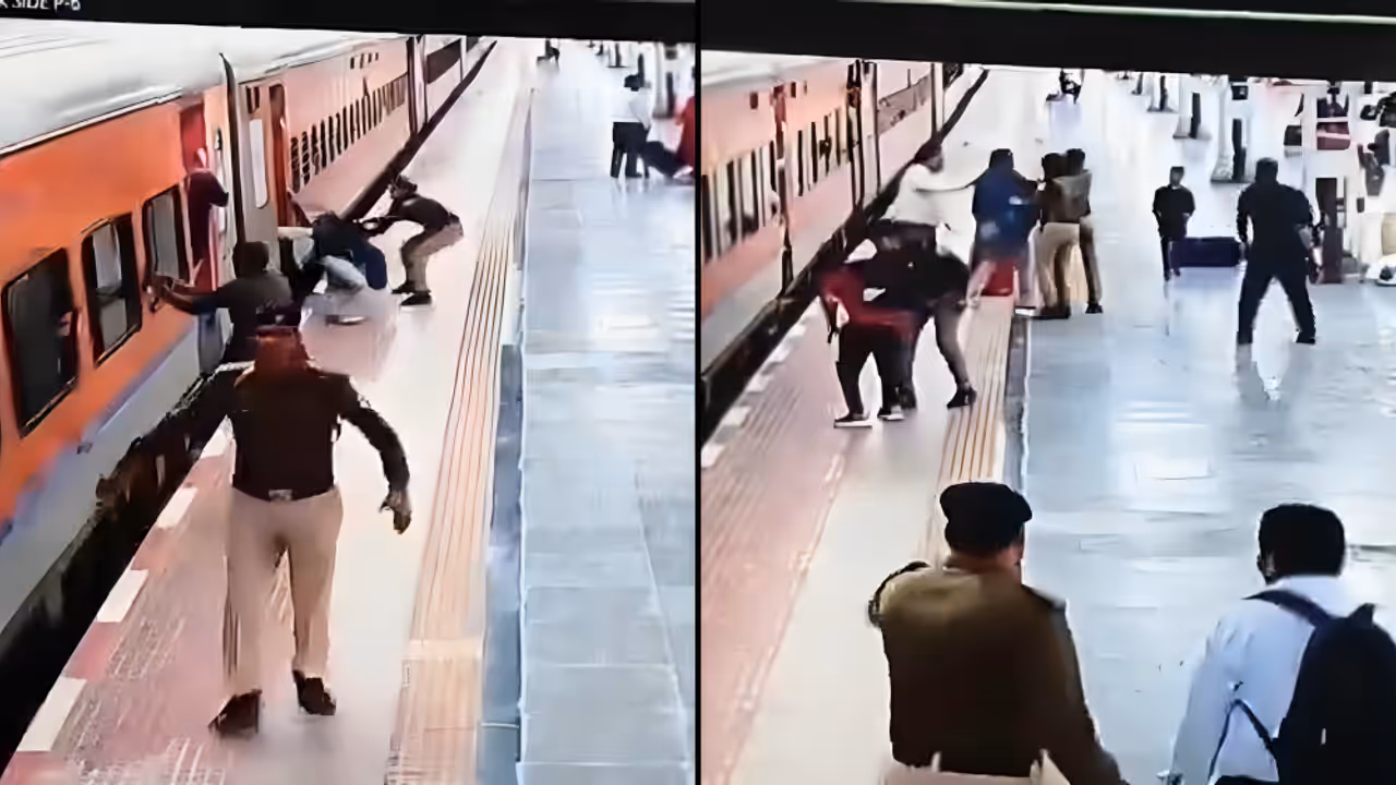 RPF Woman Constable Saves Passenger From Moving Train At Prayagraj Junction Viral Video RPF Woman Constable Saves Passenger From Moving Train At Prayagraj Junction Viral Video