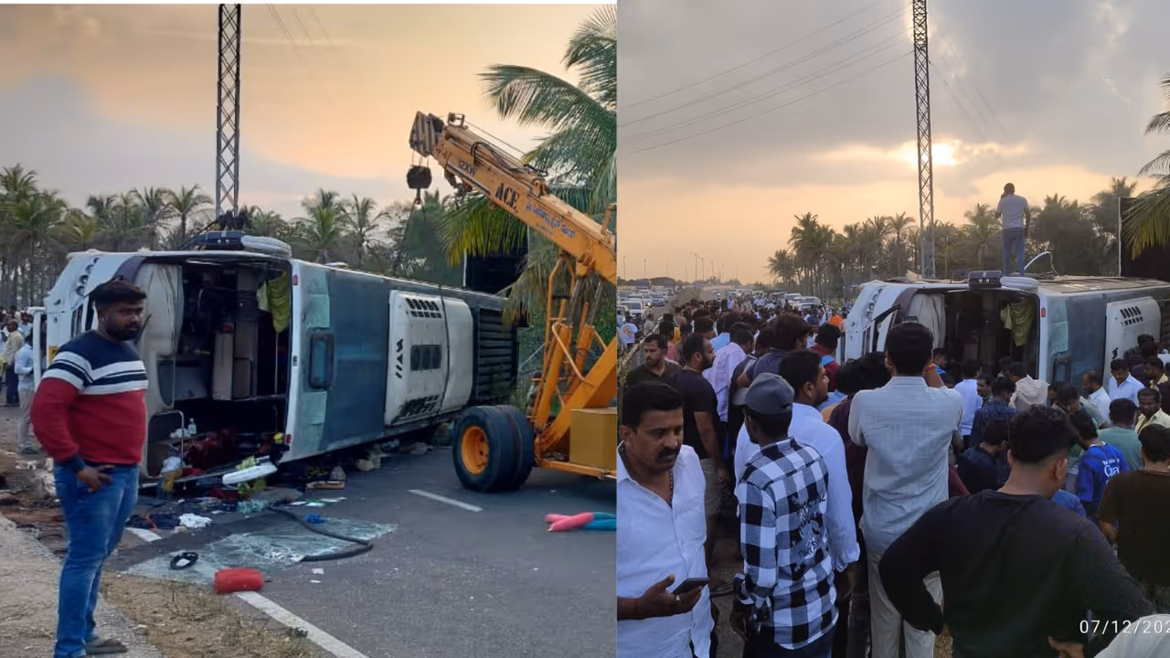 Mandya Bus overturns accident Mandya Bus overturns accident