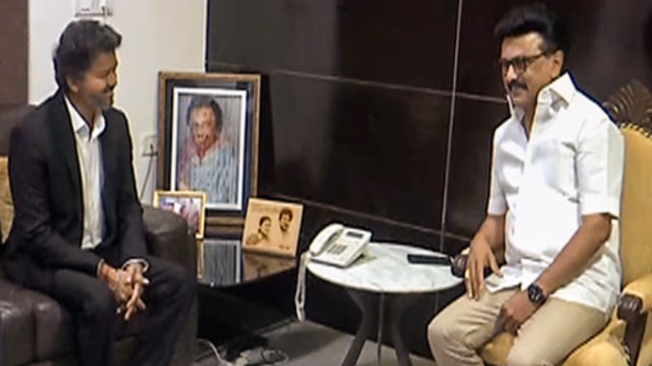 TN CM Vijay meets former CM and DMK President MK Stalin TN CM Vijay meets former CM and DMK President MK Stalin