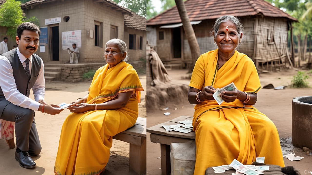 Village Old Woman Getting Pension