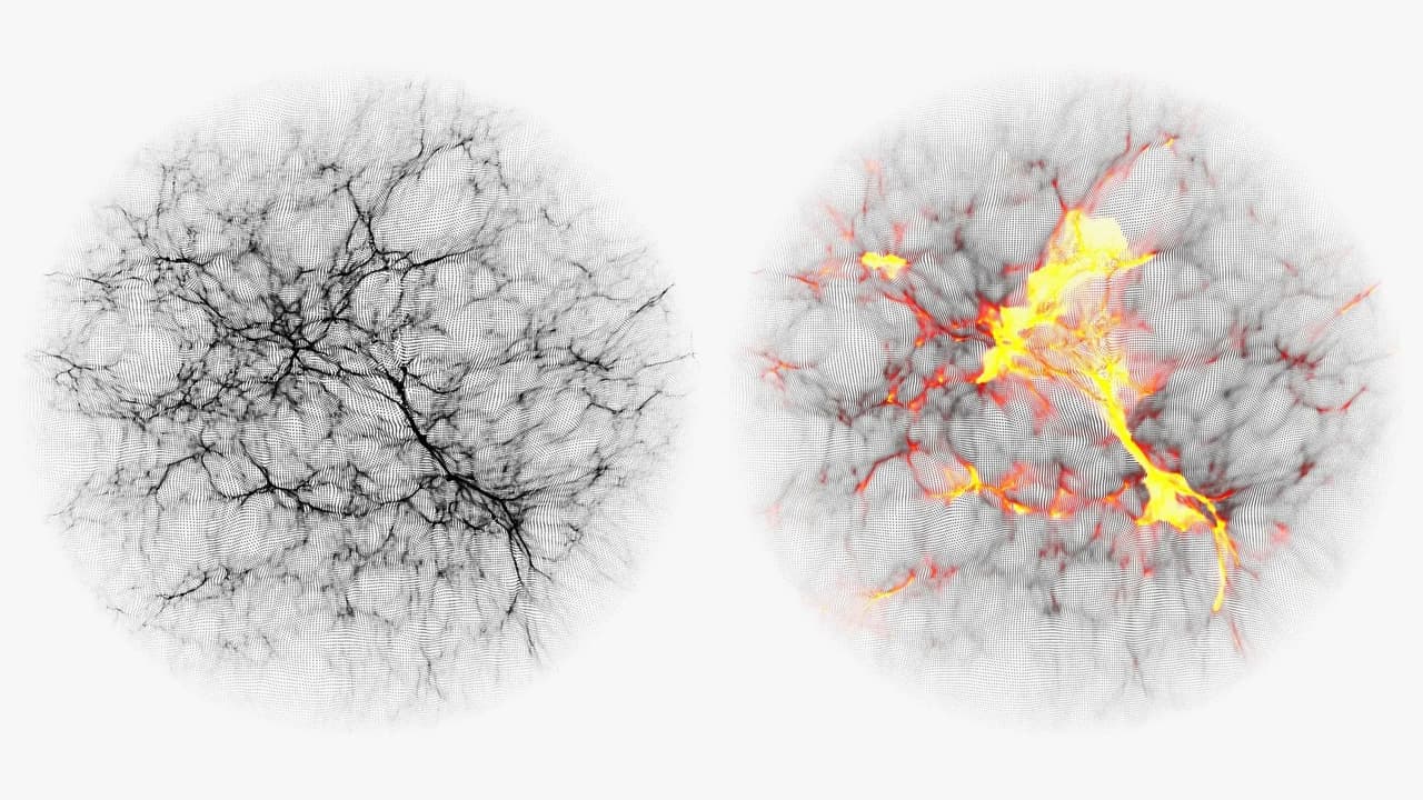 (Left) The black and white image depicts dark matter distributed across space, with denser clumps appearing in the darker regions. (Right) The colored image shows the matching temperature map of the surrounding gas.