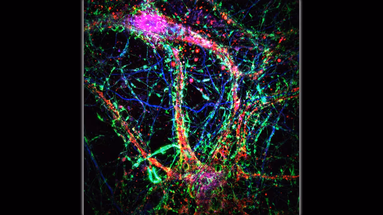 Microscopic intercellular nanotubes (green) form bridge like connections between neurons, adding a new layer of communication in the brain