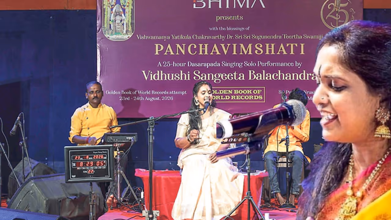 Udupi Vidushi Sangeetha Balachandra Sets World Record by Singing Dasara Keerthanas for 25 Hours Udupi Vidushi Sangeetha Balachandra Sets World Record by Singing Dasara Keerthanas for 25 Hours