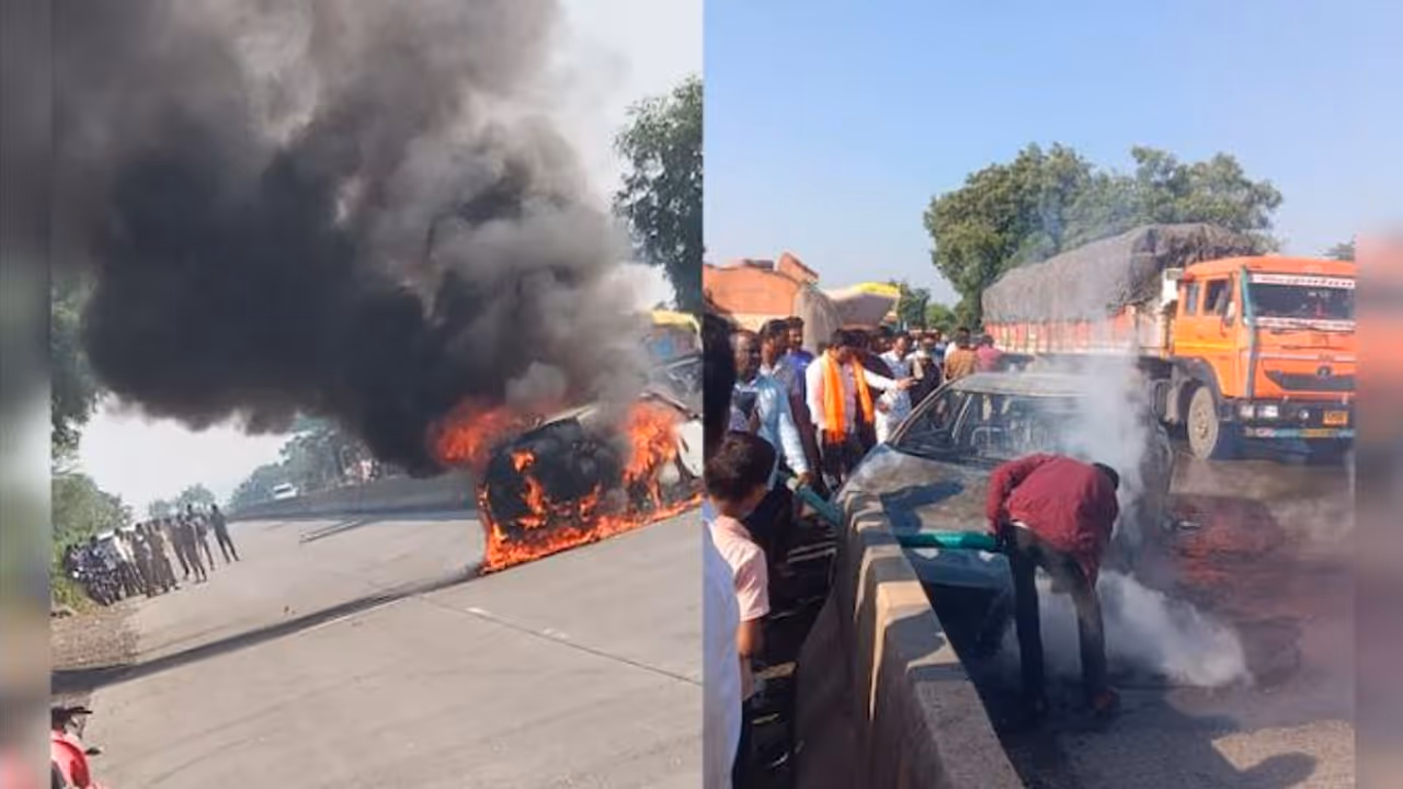 car caught fire after tyre bllast