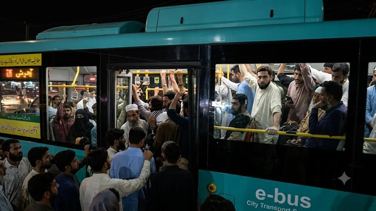 Pakistan overcrowded e bus Pakistan overcrowded e bus