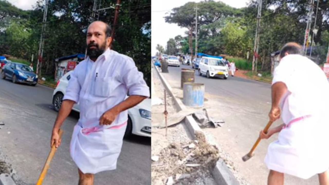 Kerala former congress MLA damage road divider 2 Kerala former congress MLA damage road divider 2