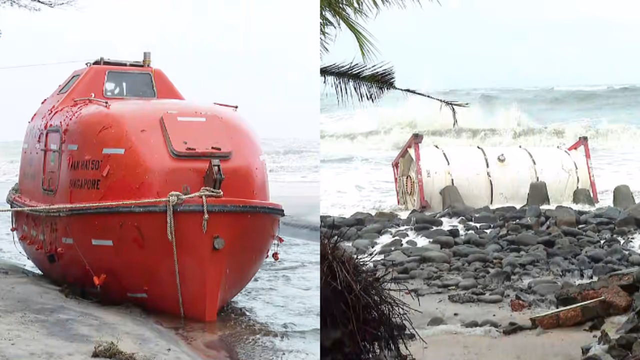 ship fire accident container life boat at alappuzha coast ship fire accident container life boat at alappuzha coast