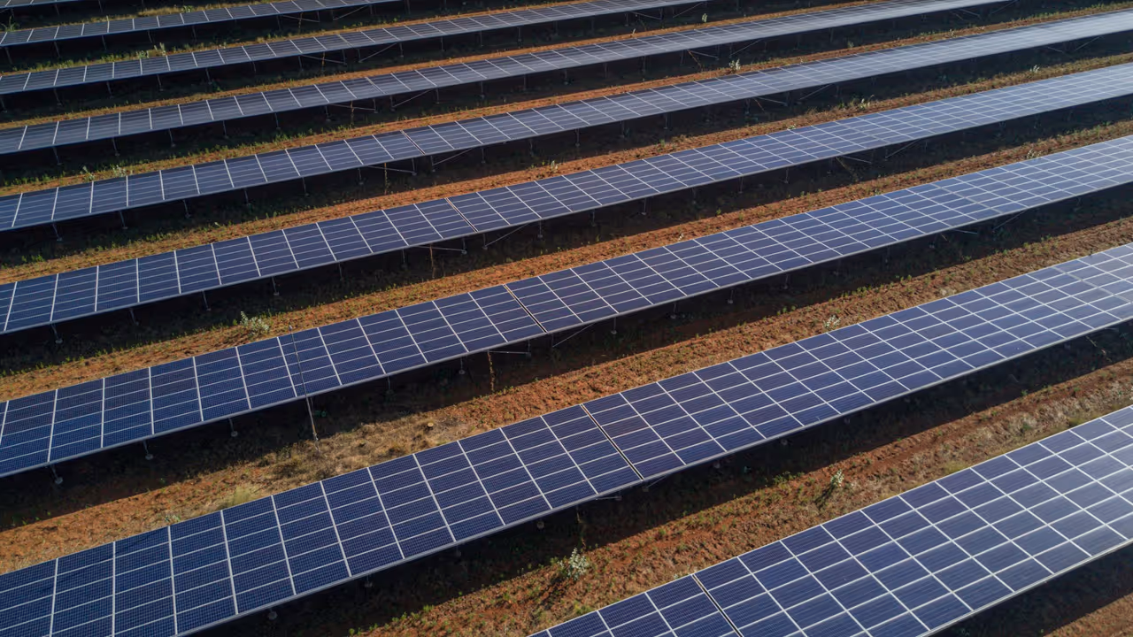 Rows of photovoltaic panels at a solar farm