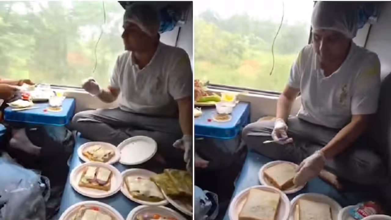 Man Wears Gloves and Hairnet to Make Sandwiches on Train Man Wears Gloves and Hairnet to Make Sandwiches on Train