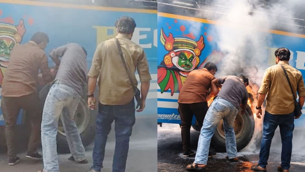 private bus tyre bursts into flames in kozhikode major accident averted private bus tyre bursts into flames in kozhikode major accident averted