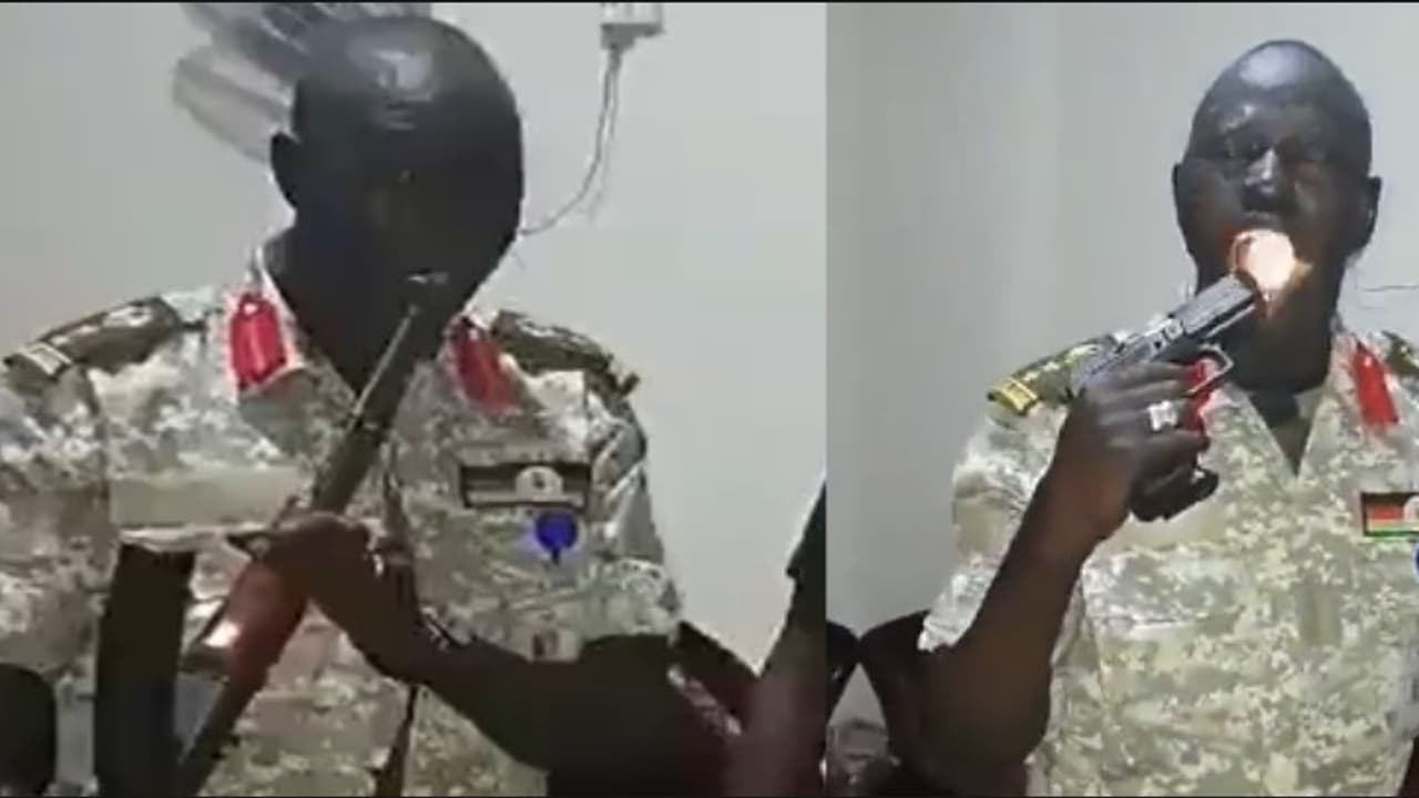 African security guard shots in his mouth with rifle and gun and catch bullets with teeth 