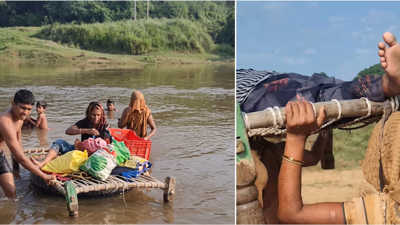Agra woman ferried across river on cot supported by tube during labour Agra woman ferried across river on cot supported by tube during labour