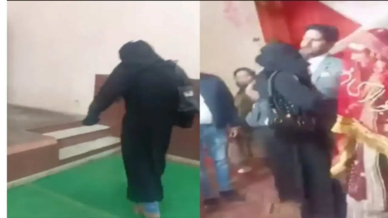 Burqa veiled person hugging groom 