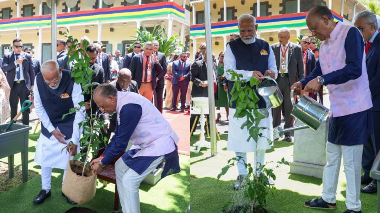 PM Modi, Mauritius PM Ramgoolam plant tree under 'Ek Ped Maa Ke Naam ...