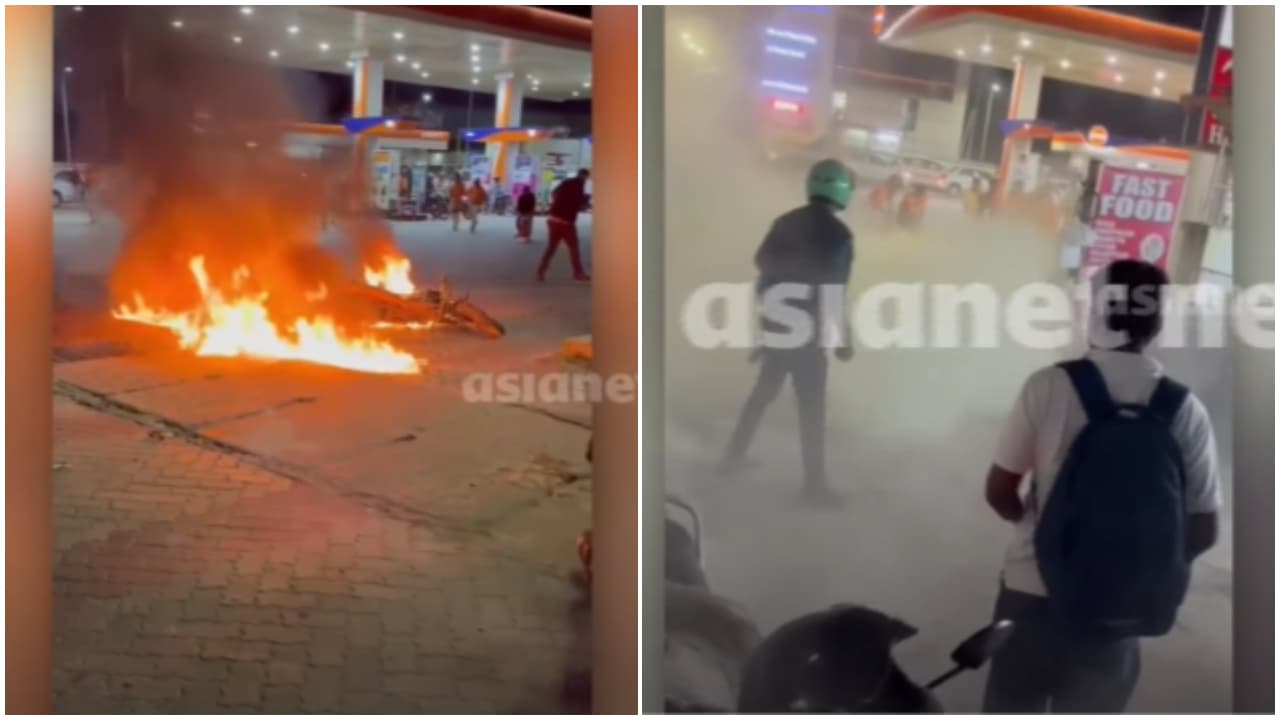 man set his own bike on fire at petrol pump in Aluva ആലുവയിൽ പെട്രോ ...