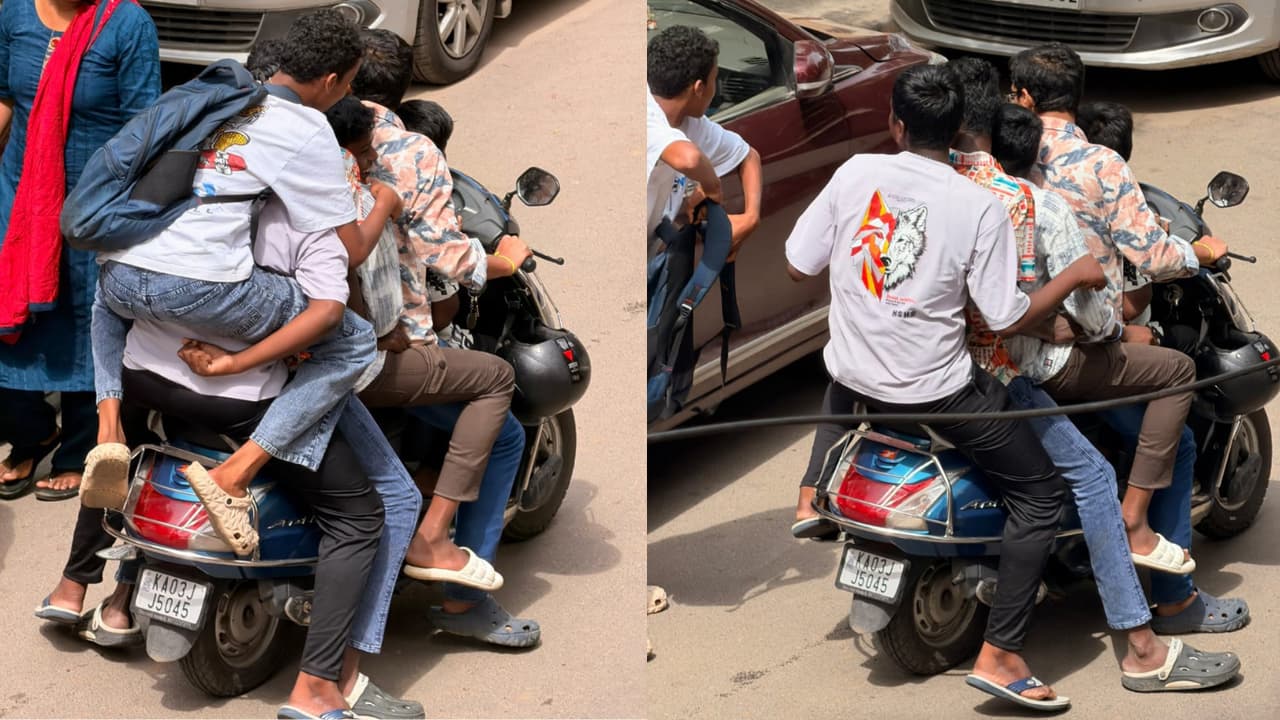 Bengaluru Traffic Violation ಕಾರಲ್ಲ, ಸ್ಕೂಟರ್ ಮೇಲೆ 6 ಮಂದಿ ಪ್ರಯಾಣ, ಬೆಂಗಳೂರಲ್ಲಿ ಯುವಕರ ಹುಚ್ಚಾಟ | Bengaluru Group Of Youths Violate Traffic Rules By Riding Six On A Scooter Bengaluru Traffic Violation ಕಾರಲ್ಲ, ಸ್ಕೂಟರ್ ಮೇಲೆ 6 ಮಂದಿ ಪ್ರಯಾಣ, ಬೆಂಗಳೂರಲ್ಲಿ ಯುವಕರ ಹುಚ್ಚಾಟ | Bengaluru Group Of Youths Violate Traffic Rules By Riding Six On A Scooter