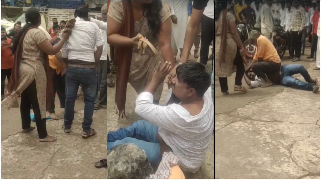 ಬೆಳಗಾವಿ: ಪ್ರೇಯಸಿ ಜೊತೆ ಲಾಡ್ಜ್ ನಲ್ಲಿ ಗಂಡ, ಕತ್ತು ಹಿಡಿದು ಹೊರಗೆಳೆದು ಚಪ್ಪಲಿಯಲ್ಲಿ ಬಾರಿಸಿದ ಪತ್ನಿ! | Man Caught With Girlfriend In Lodge Wife Beats Husband In Public At Chikkodi Gow ಬೆಳಗಾವಿ: ಪ್ರೇಯಸಿ ಜೊತೆ ಲಾಡ್ಜ್ ನಲ್ಲಿ ಗಂಡ, ಕತ್ತು ಹಿಡಿದು ಹೊರಗೆಳೆದು ಚಪ್ಪಲಿಯಲ್ಲಿ ಬಾರಿಸಿದ ಪತ್ನಿ! | Man Caught With Girlfriend In Lodge Wife Beats Husband In Public At Chikkodi Gow