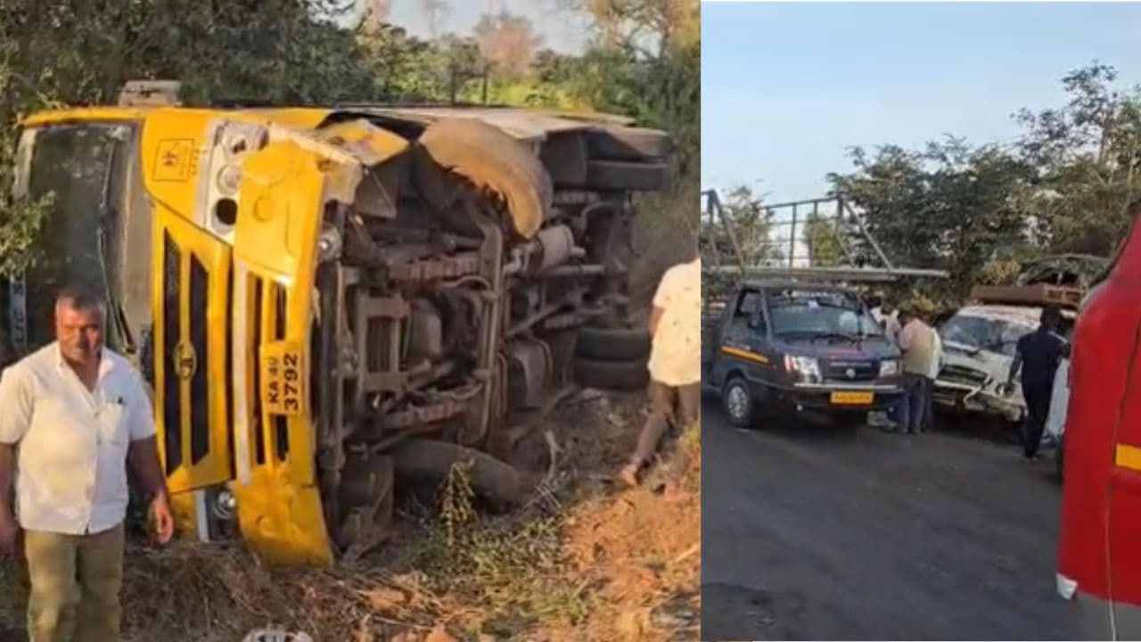 School Bus Flips: ಸ್ಕೂಲ್ ಬಸ್ಗೆ ಡಿಕ್ಕಿ ಹೊಡೆದ ಗೂಡ್ಸ್ ವಾಹನ, 20 ವಿದ್ಯಾರ್ಥಿಗಳಿದ್ದ ಶಾಲಾ ವಾಹನ ಪಲ್ಟಿ! | Belagavi School Bus Accident Tata Ace Collision Students Safe Sat School Bus Flips: ಸ್ಕೂಲ್ ಬಸ್ಗೆ ಡಿಕ್ಕಿ ಹೊಡೆದ ಗೂಡ್ಸ್ ವಾಹನ, 20 ವಿದ್ಯಾರ್ಥಿಗಳಿದ್ದ ಶಾಲಾ ವಾಹನ ಪಲ್ಟಿ! | Belagavi School Bus Accident Tata Ace Collision Students Safe Sat