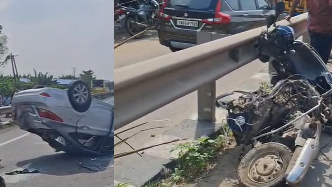 கண்ணிமைக்கும் நேரத்தில் கோர விபத்து! தலைகீழாக கவிழ்ந்த கார்! சுக்குநூறாக போன ஸ்கூட்டி! துடிதுடித்த கல்லூரி மாணவி!