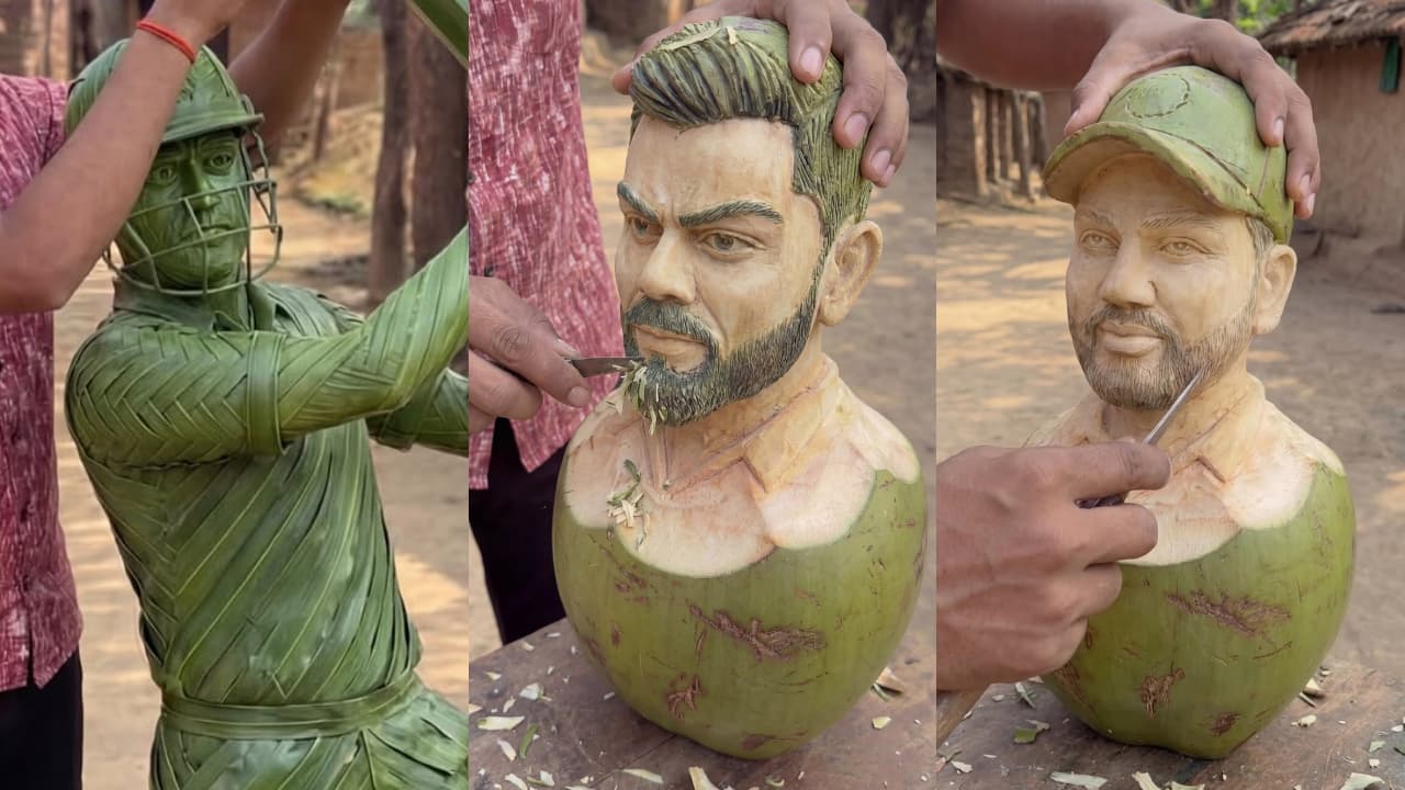 Art Beyond Canvas: Coconut Sculptures of MS Dhoni, Virat Kohli, and Rohit Sharma Go Viral (WATCH)