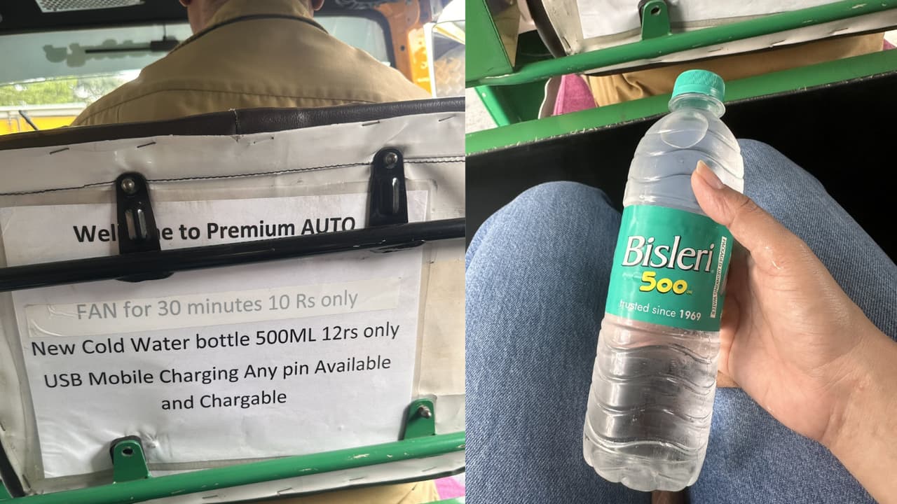 Bengaluru Premium Auto ಫ್ಯಾನ್ 10, ಕೋಲ್ಡ್ ವಾಟರ್ 12 ರೂ, ಚಾರ್ಜಿಂಗ್ ಫ್ರಿ, ಬೆಂಗಳೂರಿನ ಪ್ರಿಮಿಯಂ ಆಟೋ ವೈರಲ್ | Fan Rs 10 Cold Water Rs 12 Bengaluru Premium Auto Goes Viral With Various Amenities Bengaluru Premium Auto ಫ್ಯಾನ್ 10, ಕೋಲ್ಡ್ ವಾಟರ್ 12 ರೂ, ಚಾರ್ಜಿಂಗ್ ಫ್ರಿ, ಬೆಂಗಳೂರಿನ ಪ್ರಿಮಿಯಂ ಆಟೋ ವೈರಲ್ | Fan Rs 10 Cold Water Rs 12 Bengaluru Premium Auto Goes Viral With Various Amenities