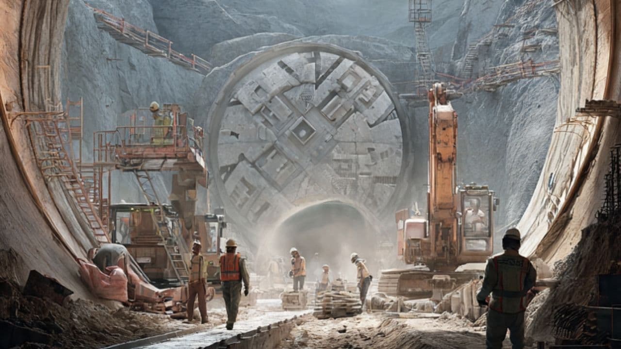 Adani Group engineers conducting land survey for Bengaluru tunnel road project