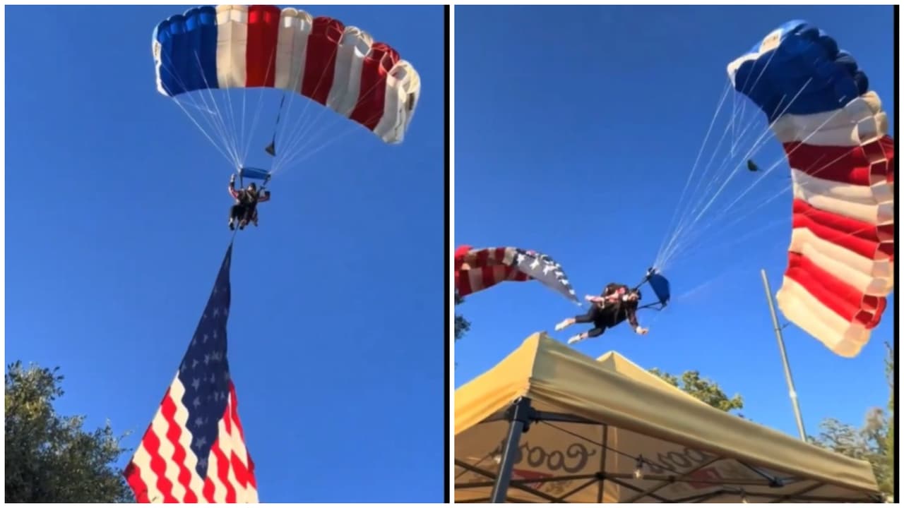 Patriotic Skydiver Crashes Into Tent After US Flag Gets Stuck Mid-Landing, Walks Away Unhurt (WATCH)