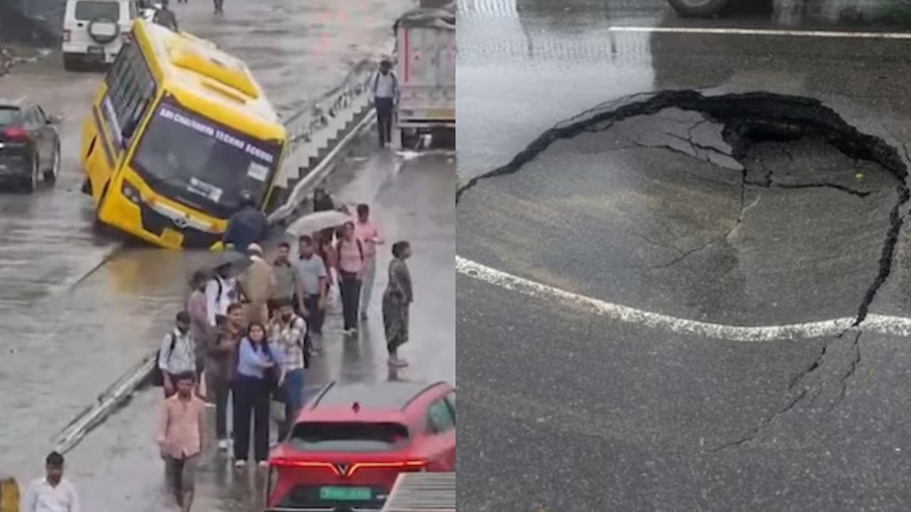 കനത്ത മഴയിൽ വാഹനങ്ങൾ ചീറിപ്പായുന്നതിനിടെ ദേശീയ പാതയിൽ രൂപം കൊണ്ടത് വൻ ഗർത്തം, 10 കിലോമീറ്ററോളം ഗതാഗത കുരുക്ക്