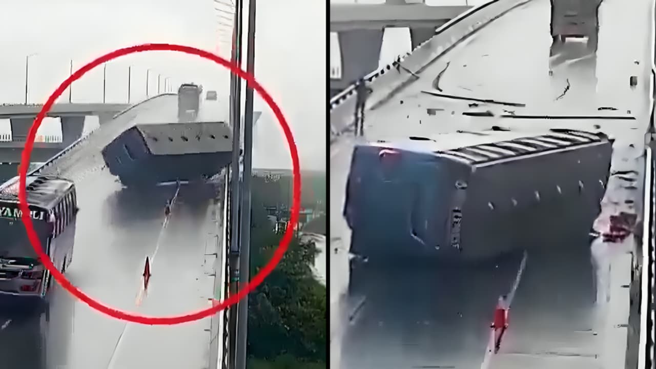 Viral Video: Dhaka-Bound Bus Loses Control And Overturns, Eight Injured in Padma Bridge Horror