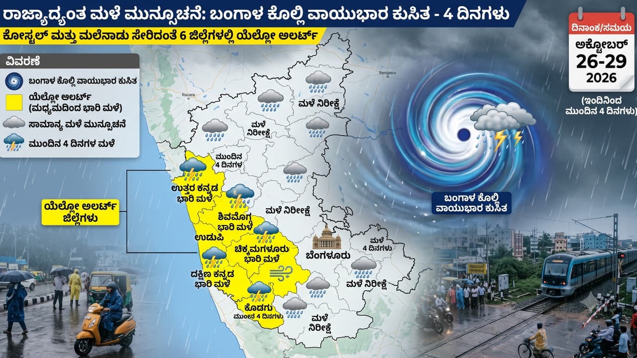 ರಾಜ್ಯದಲ್ಲಿ ಮುಂದಿನ 4 ದಿನ ಸಾಧಾರಣ ಮಳೆ ಸಾಧ್ಯತೆ: ಬಂಗಾಳಕೊಲ್ಲಿಯಲ್ಲಿ ವಾಯುಭಾರ ಕುಸಿತ, 6 ಜಿಲ್ಲೆಗಳಿಗೆ ಯೆಲ್ಲೋ ಅಲರ್ಟ್!