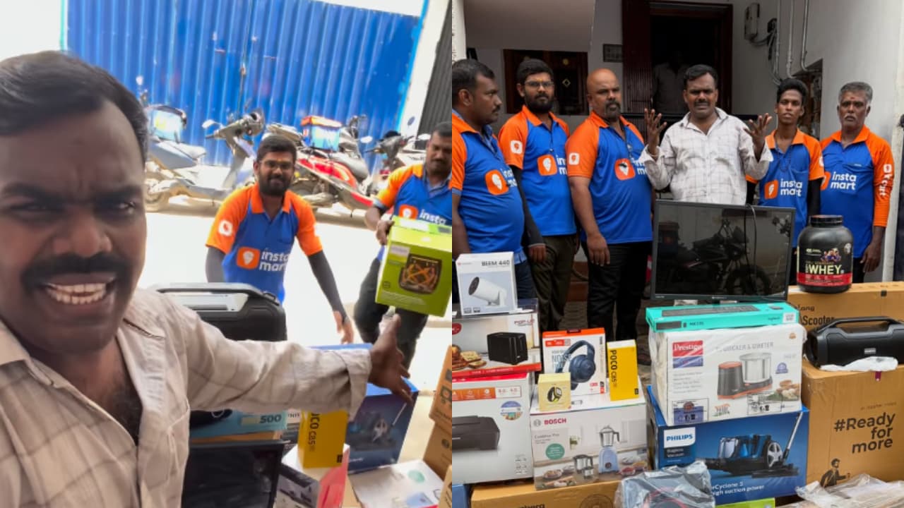 നൻപർകളേ... വീരമണിക്ക് ഇൻസ്റ്റാമാർട്ടിന്റെ വക സർപ്രൈസ്; കാഷ് ഓൺ ഡെലിവറി അല്ലാതെ ​ഗൃഹോപകരണങ്ങൾ സമ്മാനം, ഒപ്പം മധുരവും