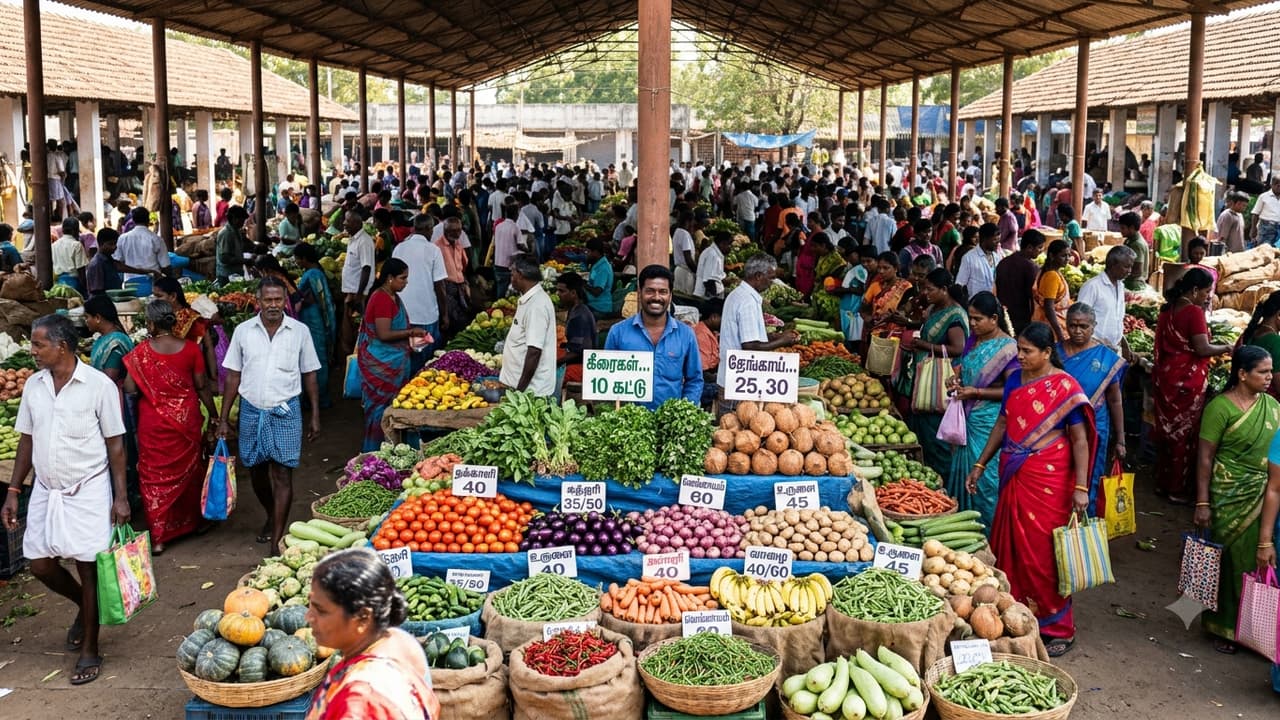 Vegetable and Fruit Price: கீரை ரூ.10, தேங்காய் ரூ.25.! மூட்டை மூட்டையாய் காய்கறிகள் Sale.! உழவர் சந்தையில் குயியும் இல்லத்தரசிகள்.!
