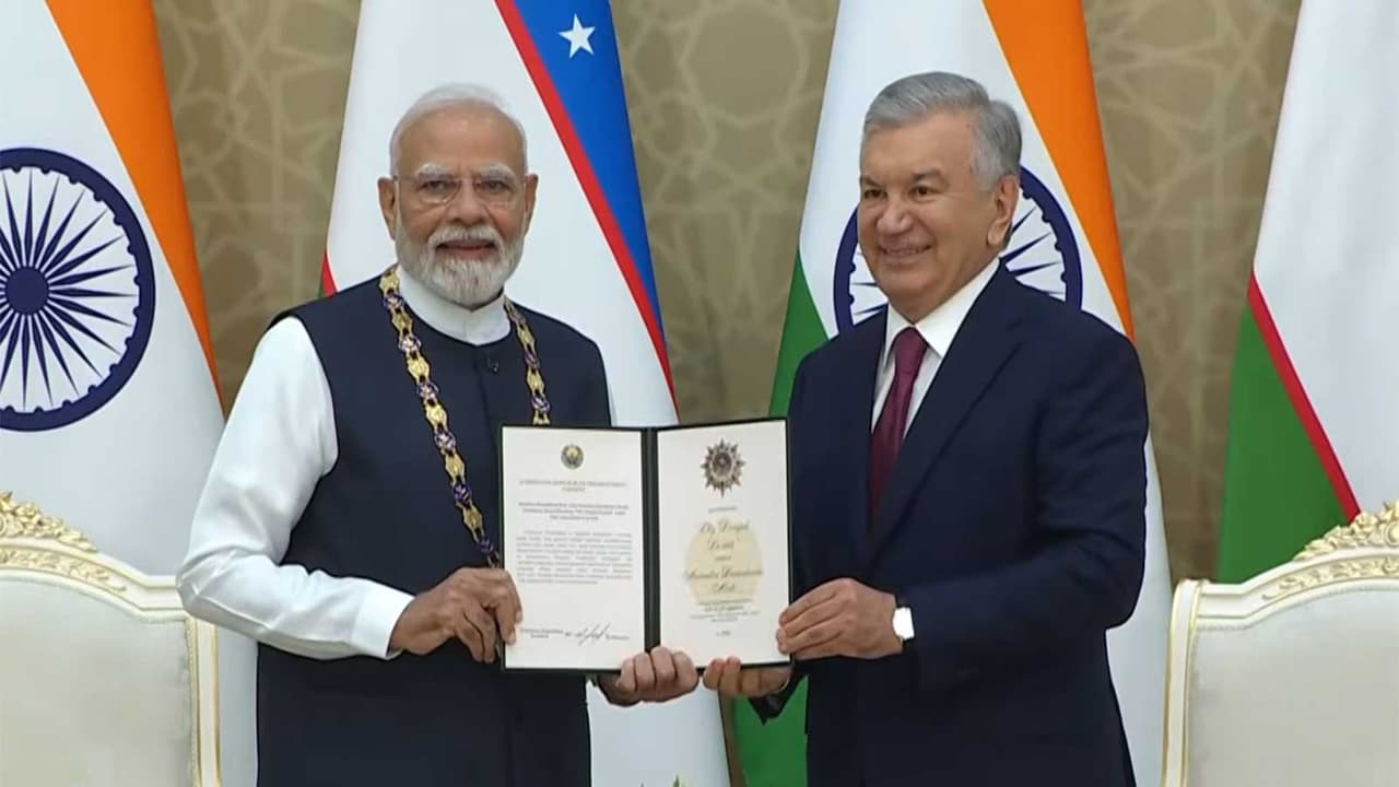 PM Narendra Modi received Uzbekistan's highest state honour, the Order of 'Oliy Darajali Dustlik', from President Shavkat Mirziyoyev. Modi thanked his 'brother' and dedicated the award to 1.4 billion Indians and their shared heritage.