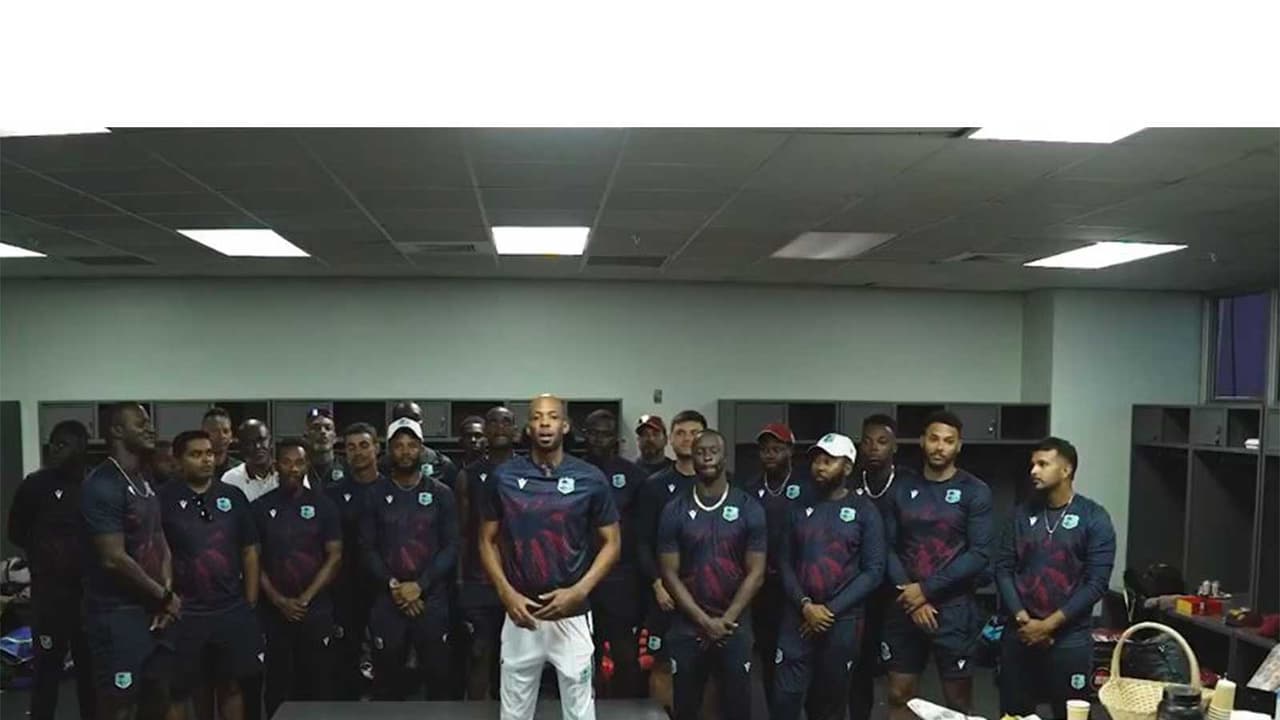 West Indies players celebrating their 90-run victory over Pakistan.
