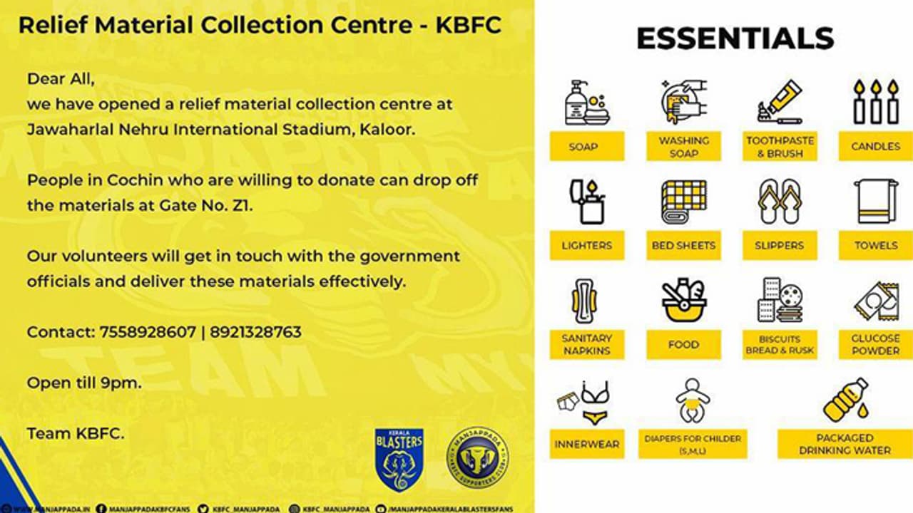 'കൂടെയുണ്ട് മഞ്ഞപ്പട'; കൊച്ചിയിലെ കൗണ്ടറില് സഹായമെത്തിക്കാം 'കൂടെയുണ്ട് മഞ്ഞപ്പട'; കൊച്ചിയിലെ കൗണ്ടറില് സഹായമെത്തിക്കാം