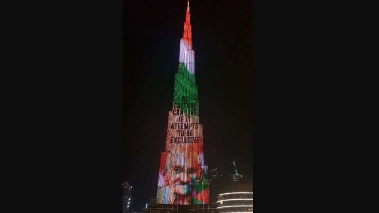 Burj Khalifa pays tribute to Bapu on Gandhi Jayanti, lights up with photos of the Mahatma