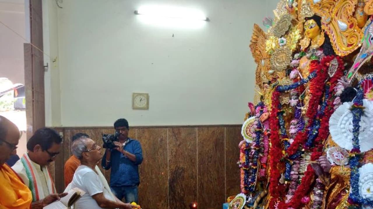 Ex President Pranab Mukherjee wears priest's robe for Durga Puja at ancestral house