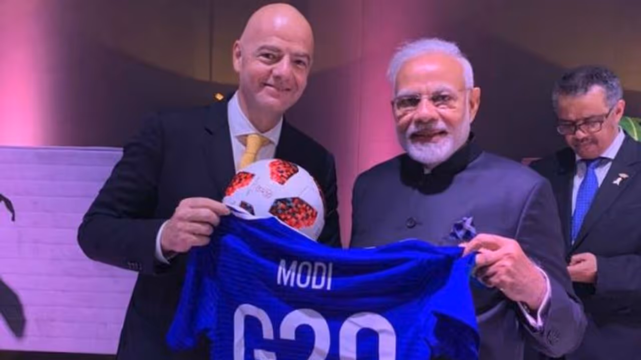 PM Narendra Modi receives special football jersey from FIFA president during G 20 summit