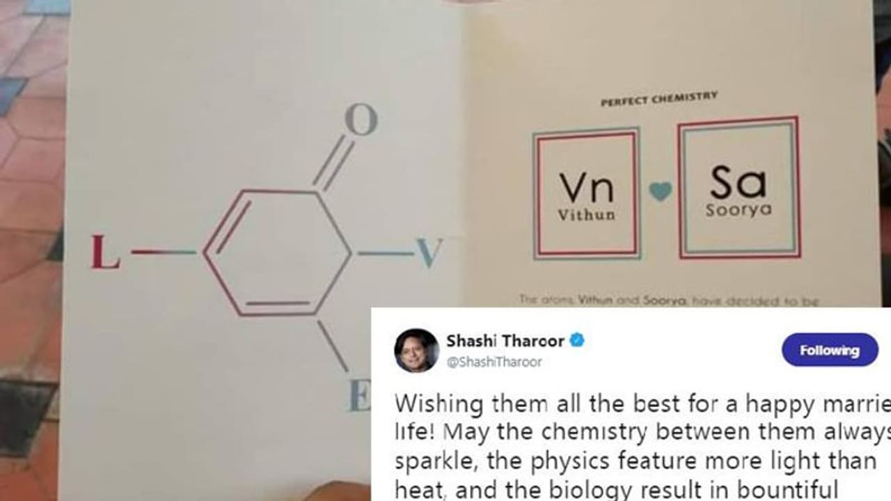 ഇതൊരു വ്യത്യസ്ത ക്ഷണക്കത്ത്; കെമിസ്ട്രി വിവാഹ ക്ഷണക്കത്തിന് കിടിലൻ ആശംസകളുമായി ശശി തരൂര് ഇതൊരു വ്യത്യസ്ത ക്ഷണക്കത്ത്; കെമിസ്ട്രി വിവാഹ ക്ഷണക്കത്തിന് കിടിലൻ ആശംസകളുമായി ശശി തരൂര്