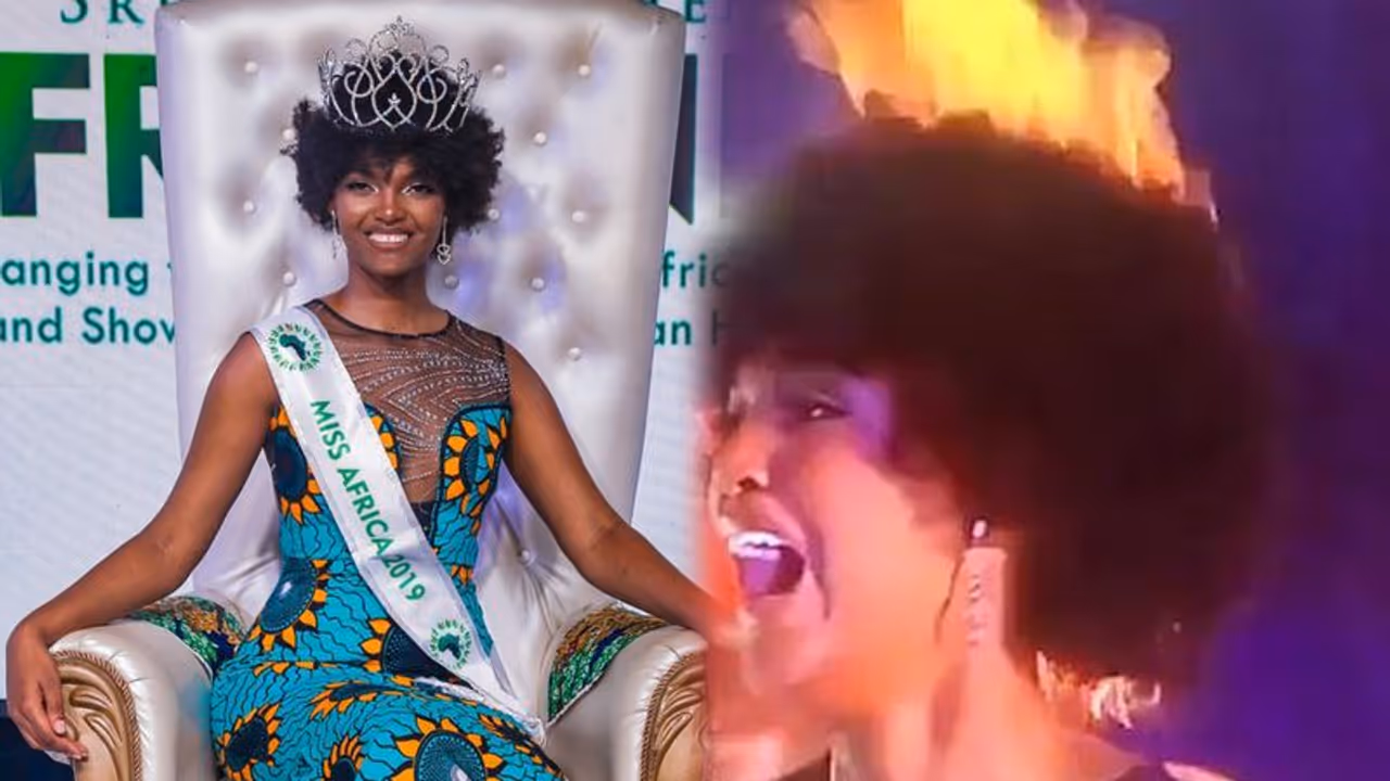 मिस अफ्रीका 2018 का टाइटल जीतते ही जल गए मॉडल के बाल, देखिए वीडियो