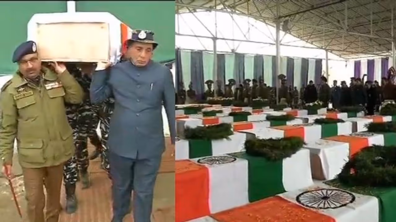 പുൽവാമയിൽ കൊല്ലപ്പെട്ട സൈനികരുടെ ശവമഞ്ചം ചുമന്ന് രാജ്നാഥ് സിംഗ് പുൽവാമയിൽ കൊല്ലപ്പെട്ട സൈനികരുടെ ശവമഞ്ചം ചുമന്ന് രാജ്നാഥ് സിംഗ്