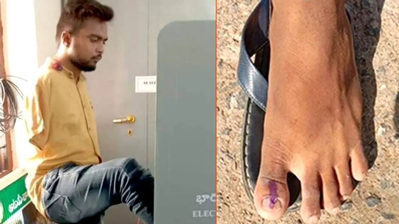 Inspiring India to vote: Differently abled Hyderabad man votes with his foot, gets toe inked Inspiring India to vote: Differently abled Hyderabad man votes with his foot, gets toe inked