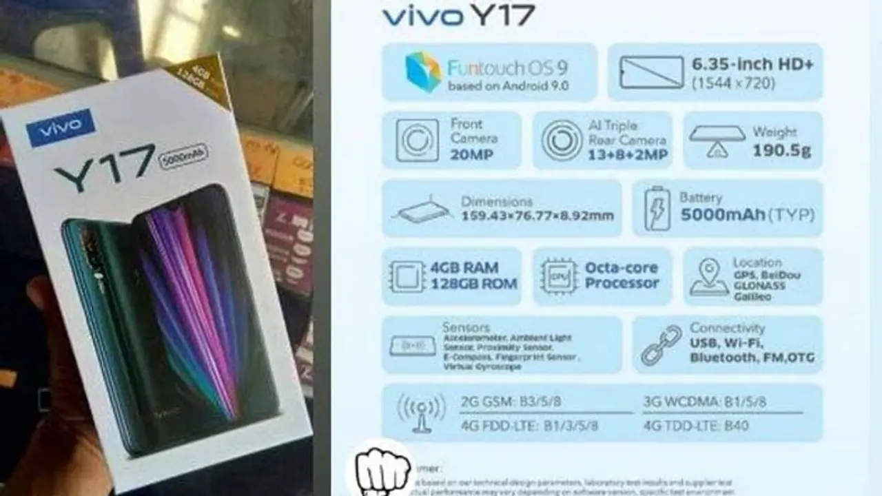 20ఎంపీ సెల్ఫీ..: Vivo Y17 బాక్స్తో సహా స్పెఫికేషన్స్ లీక్ 20ఎంపీ సెల్ఫీ..: Vivo Y17 బాక్స్తో సహా స్పెఫికేషన్స్ లీక్