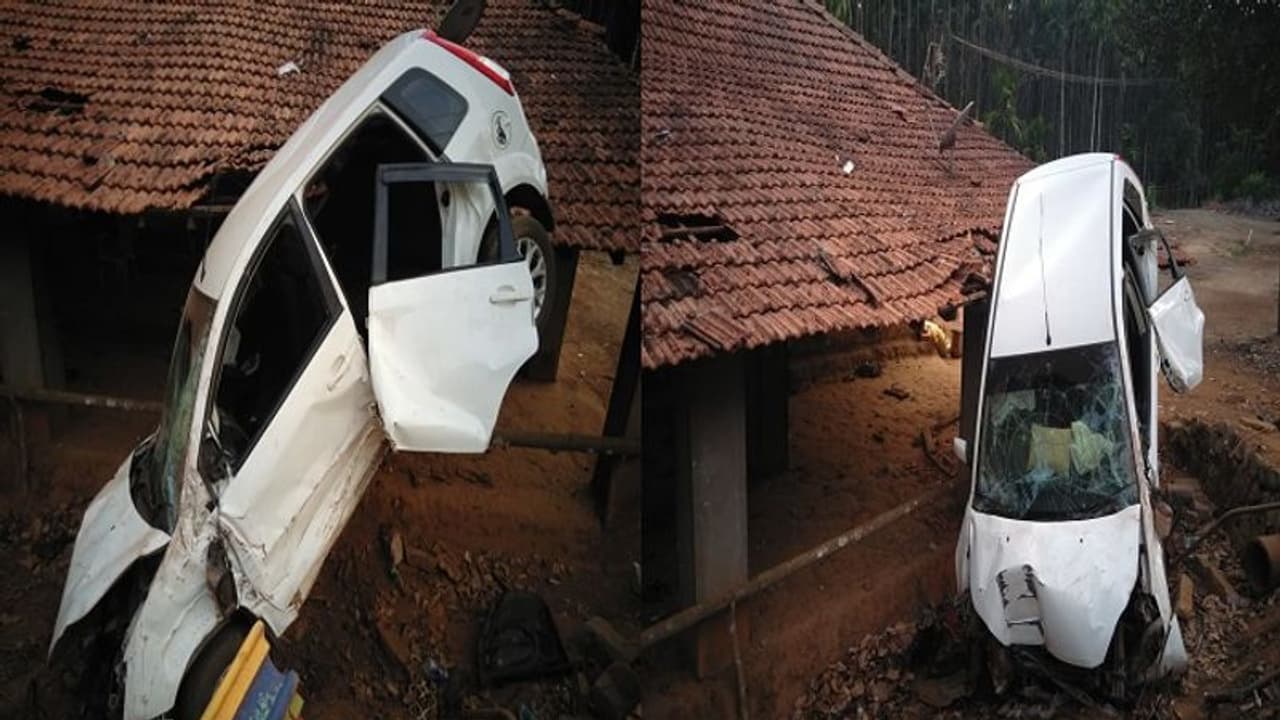 ತೀರ್ಥಹಳ್ಳಿ: ರಸ್ತೆಯಿಂದ ಮನೆ ಮಾಡಿಗೆ ಜಿಗಿದ ಕಾರು ತೀರ್ಥಹಳ್ಳಿ: ರಸ್ತೆಯಿಂದ ಮನೆ ಮಾಡಿಗೆ ಜಿಗಿದ ಕಾರು